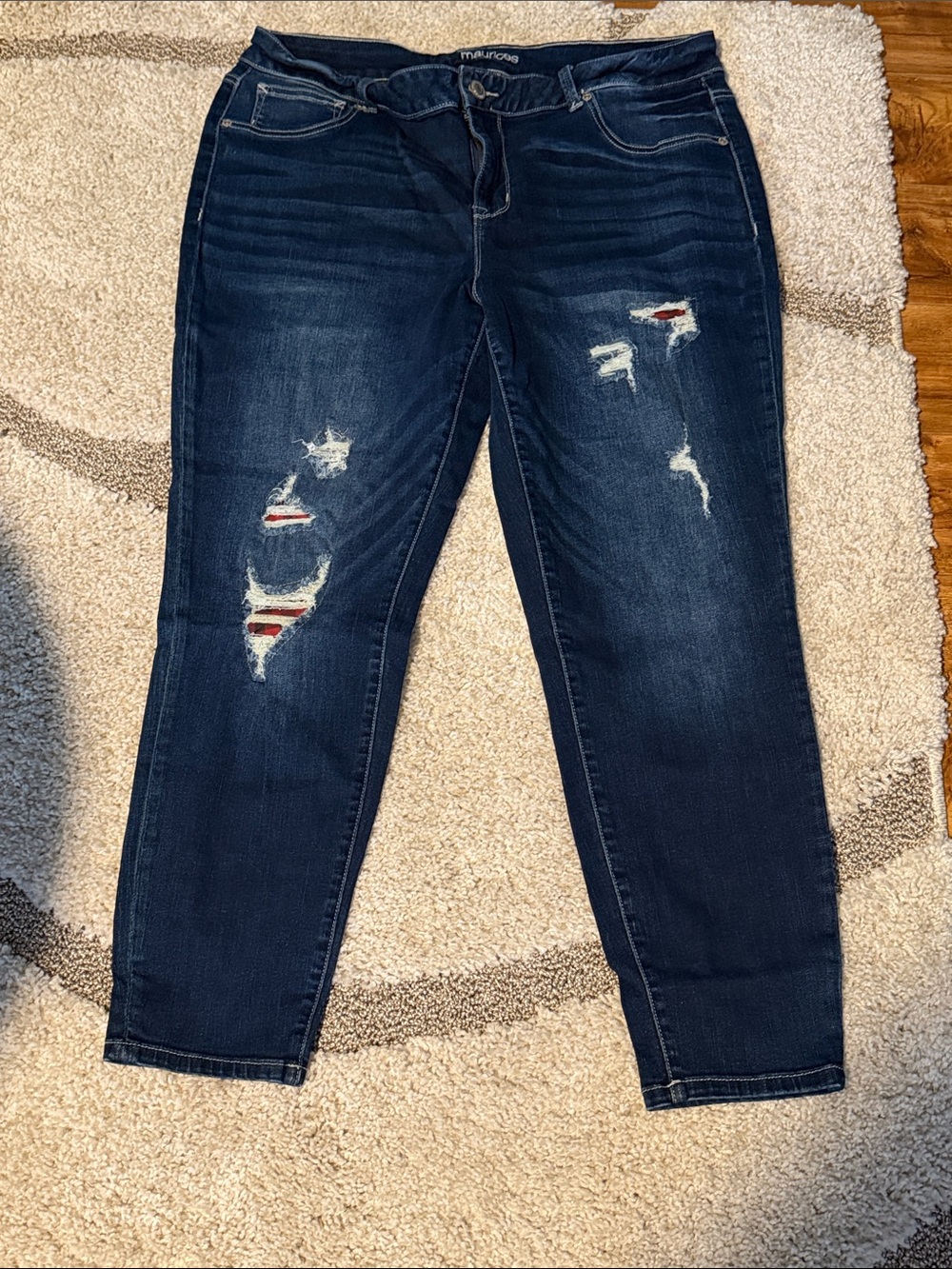 Madison Dark Blue Distressed Boyfriend Jeans with Red Underlay